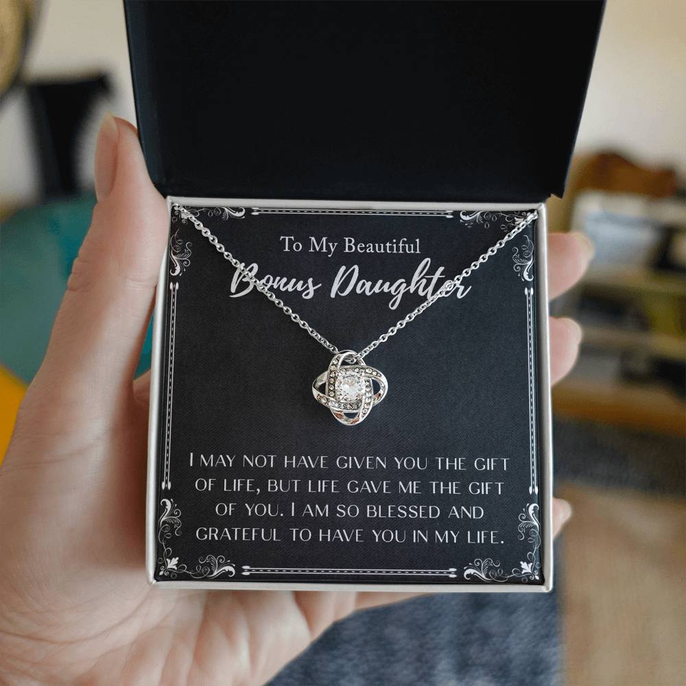 Personalized Gift Necklace To My Bonus Daughter Love Knot Necklace From Mom And Dad, Step Daughter Gift Pendant, Adopted Daughter, Daughter In Law, Daughter Jewelry Gift For Girls, Little Girls