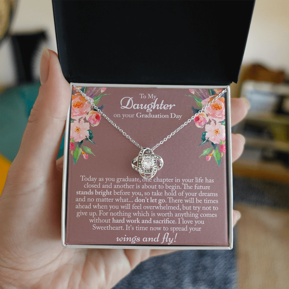 Graduation Day Gift Necklace, To My Daughter Love Knot Necklace From Mom Or Dad, Mother And Daughter Jewelry Gift For Girls, Little Girl Love Knot Pendant, Daughter On Your Graduation Day Necklace