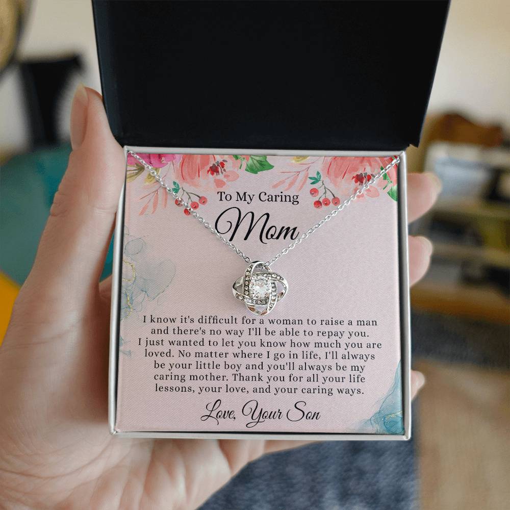 To My Caring Mom Necklace From Son, Love Knot Necklace Gift For Mom On Birthday Gift Anniversary Mother's Day Necklace For Mom, Caring Mom, New Mom Gift Necklace Gift For Her, Jewelry Gift For Women
