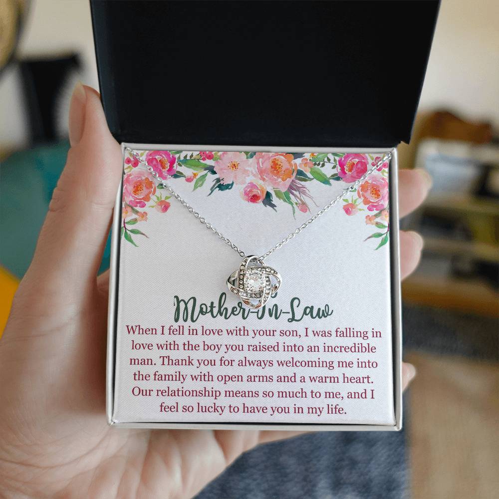To My Mom In Law Necklace Pendant Gift From Son, Happy Mother's Day Love Knot Pendant For Mom On Birthday, Anniversary Necklace Gift Love With Your Son, Mother In Law Gift Necklace To Son In Law