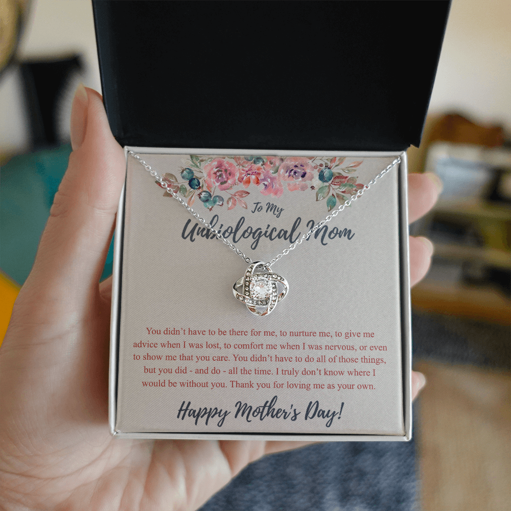 To My Unbiological Mom Necklace From Daughter, Bonus Mom Gift Love Knot Pendant For Her, Mother And Daughter Gift Necklace For Mom On Mothers Day, Anniversary, Birthday Gift To Unbiological Mother
