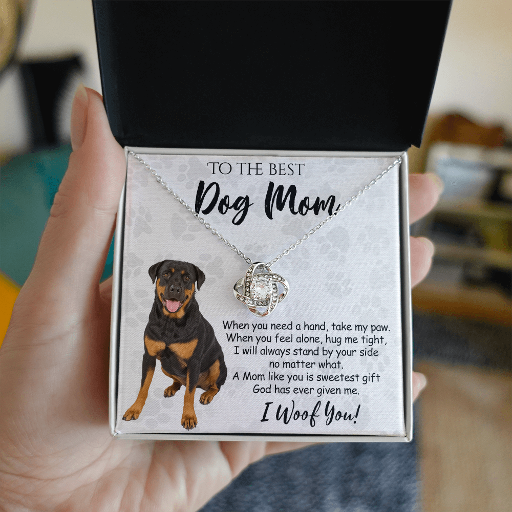 To The Best Dog Mom Love Knot Necklace From Daughter Mother's Day Necklace Gift, Rottweiler Dog Love Knot Pendant, Jewelry Gift For Women, Dog Lovers Rottweiler Dog Gift Necklace I Woof You Pendant