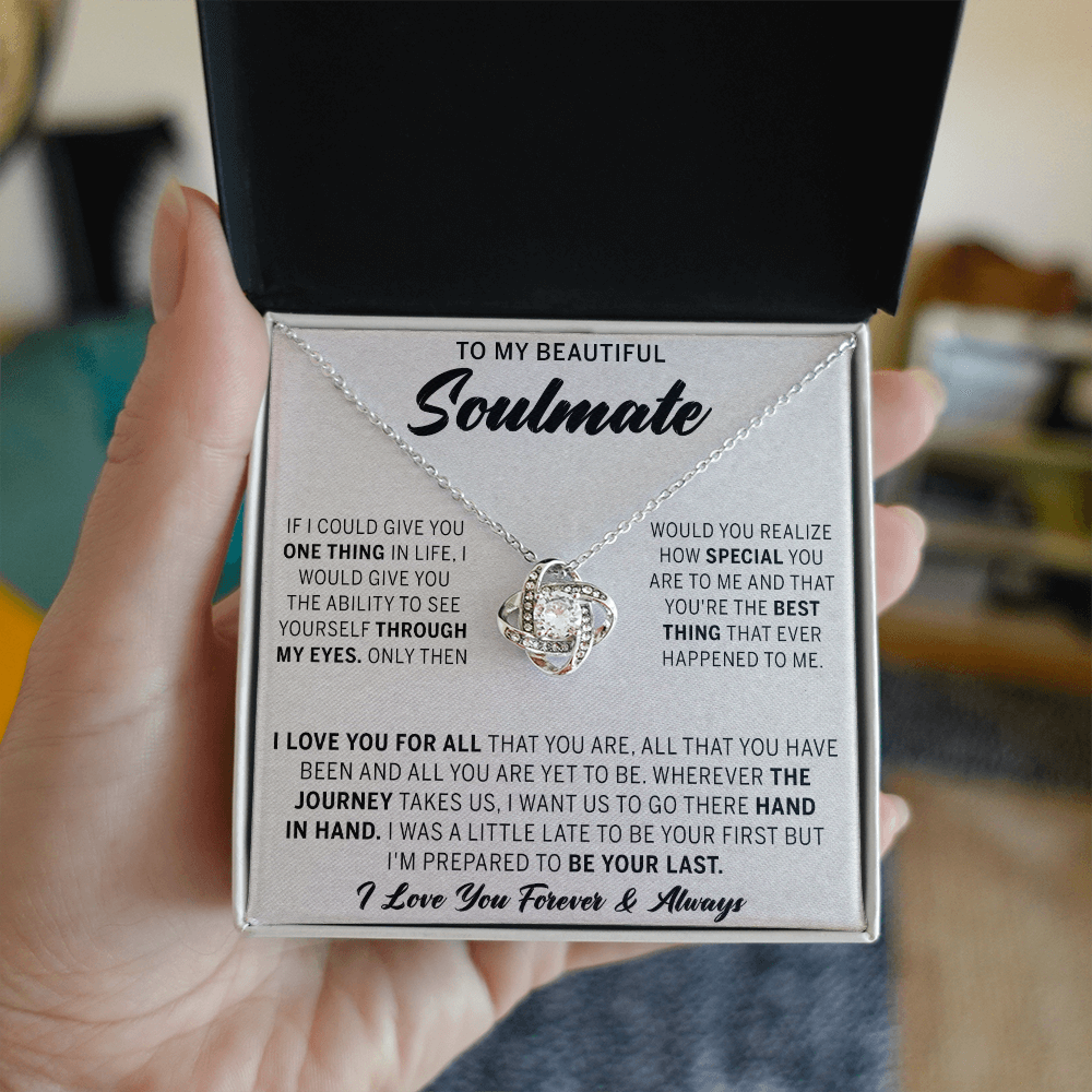 To My Beautiful Soulmate Necklace Gift From Husband, Boyfriend Jewelry Gift for Girls, Soulmate Gift Necklace for Women Love Lnot Pendant Gift for Her Romantic Girlfriend Gift Necklace Message