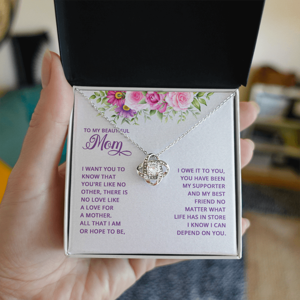 Happy Mother's Day Necklace, To My Beautiful Mom Necklace From Daughter, Mother And Daughter Gift Necklace On Mothers Day, Anniversary, Birthday Jewelry For Women Love Knot Pendant Gift For Mom