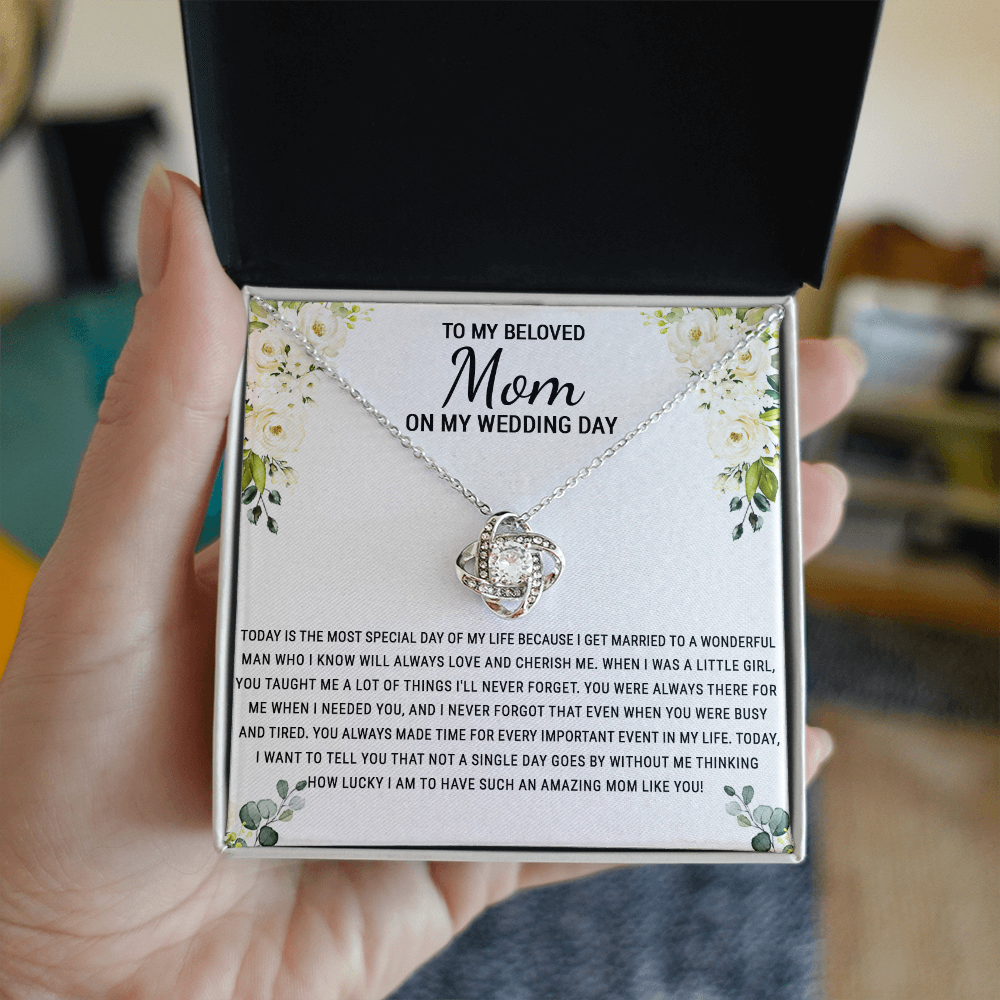 Beloved Mom Gift Necklace To My Beloved Mom Love Knot Necklace Gift From Daughter, Wedding Day Necklace Gift For Mom, Beloved Mom On My Wedding Day Necklace Gift For New Mom, Bonus Mom Gift Necklace