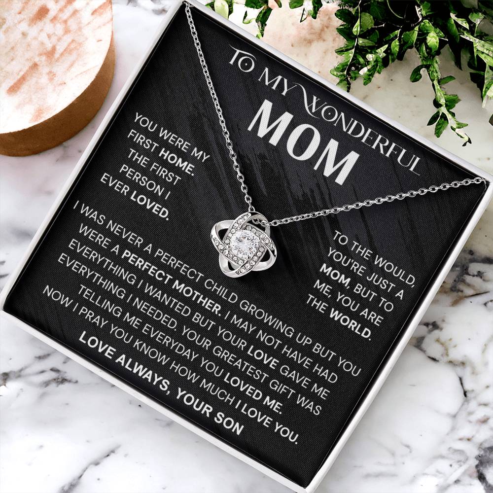 Wonderful Mom Gift Necklace, To My Wonderful Mom Love Knot Necklace From Son Never A Perfect Child Necklace Gift For Mom Son And Mother Love Knot Pendant Birthday Gift For Mom Jewelry Gift For Women