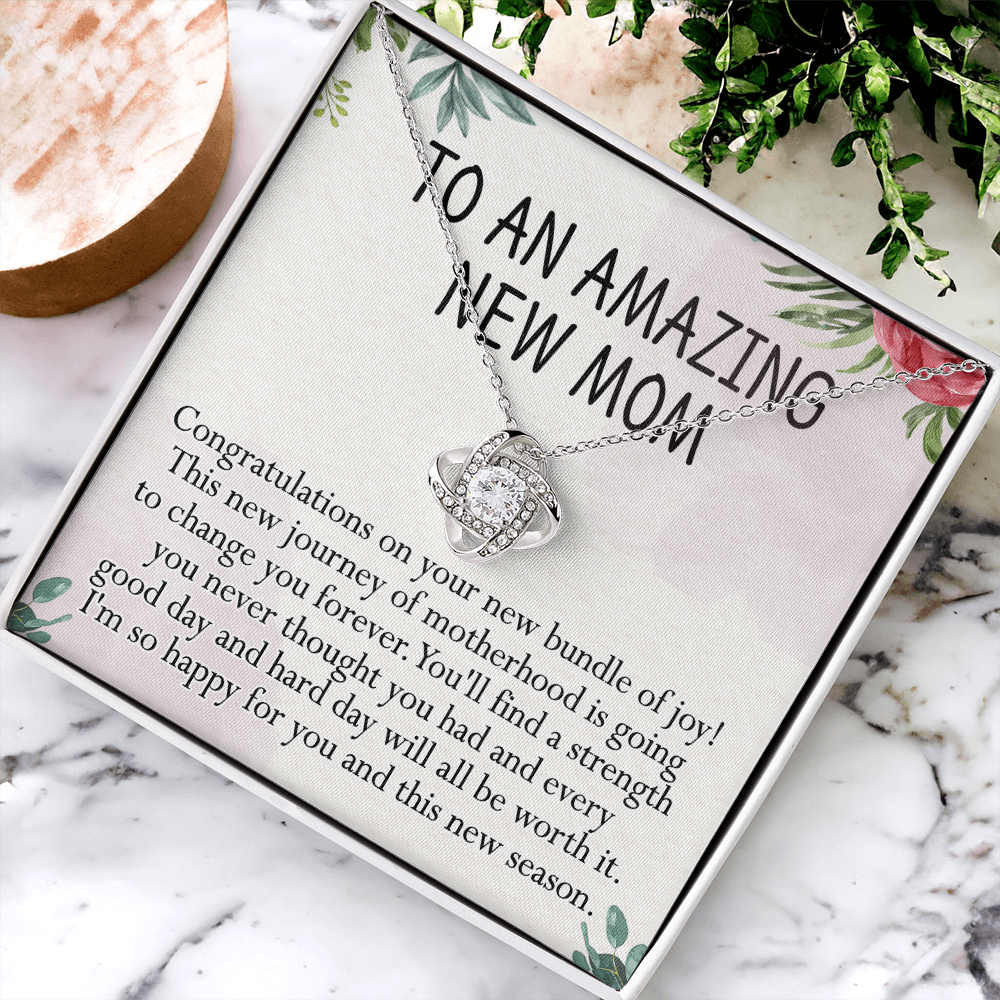 To An Amazing New Mom Necklace, Amazong New Mom Love Knot Necklace Gift for New Mommy, New Mom Gift Necklace 1st New Mother Pregnancy Gift Necklace for Mother's Day Necklace Jewelry Gift for Women