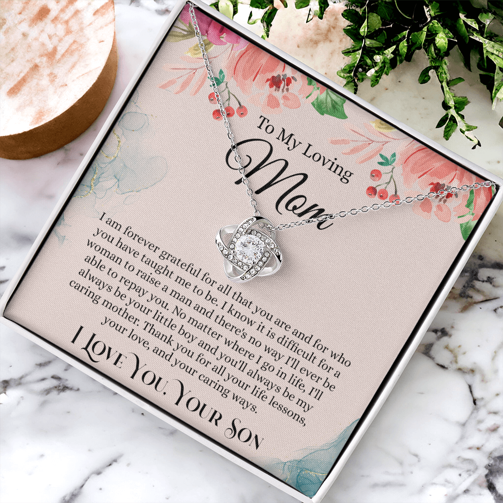Loving Mom Gift Necklace, Mother's Day Necklace Gift For Mom, To My Loving Mom Love Knot Necklace Gift for Mom, Gift Anniversary Mother And Son Gift Pendant, Jewelry Gift For Women, Mom From Son