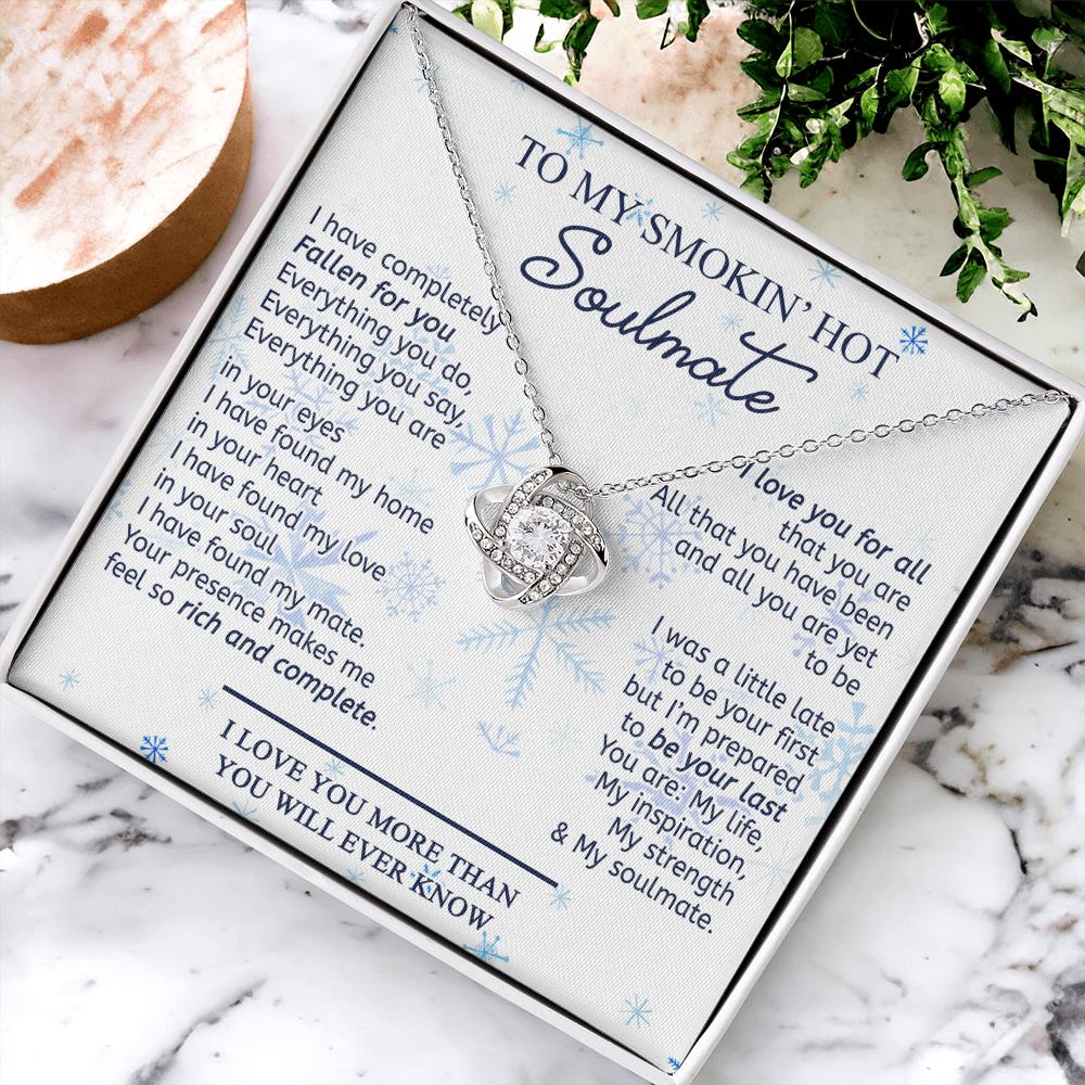 14k White Gold To My Soulmate Necklace Gift From Husband, Boyfriend For Her, Soulmate Gift Necklace for Wife, Smokin's Hot Soulmate Pendant Beautiful To My Wife Love Knot Pendant Necklace Gift
