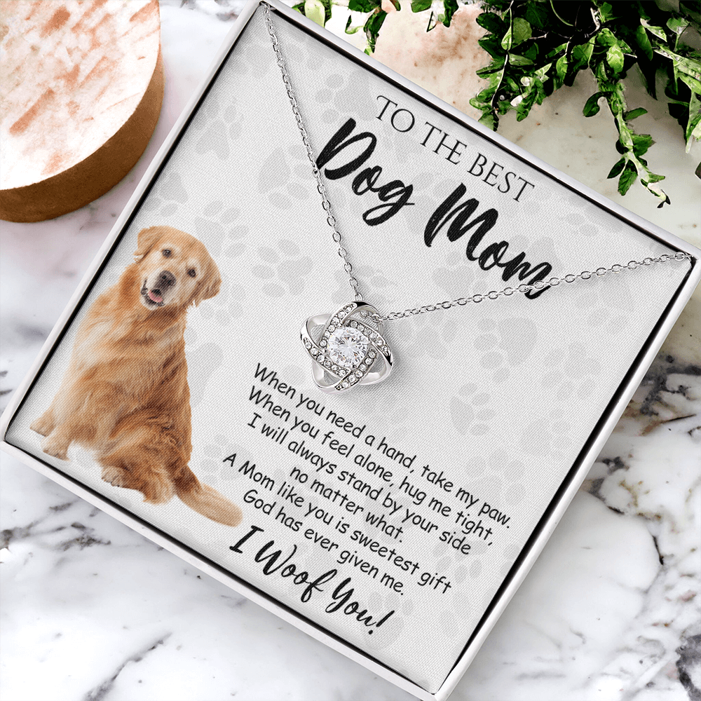 To The Best Golden Retriever Dog Mom Love Knot Necklace Mother's Day, I Woof You Quote Gift Card, Message Card Jewelry For Women, Mom Dog Lovers Golden Retriever Gift Necklace I Woof You Necklace