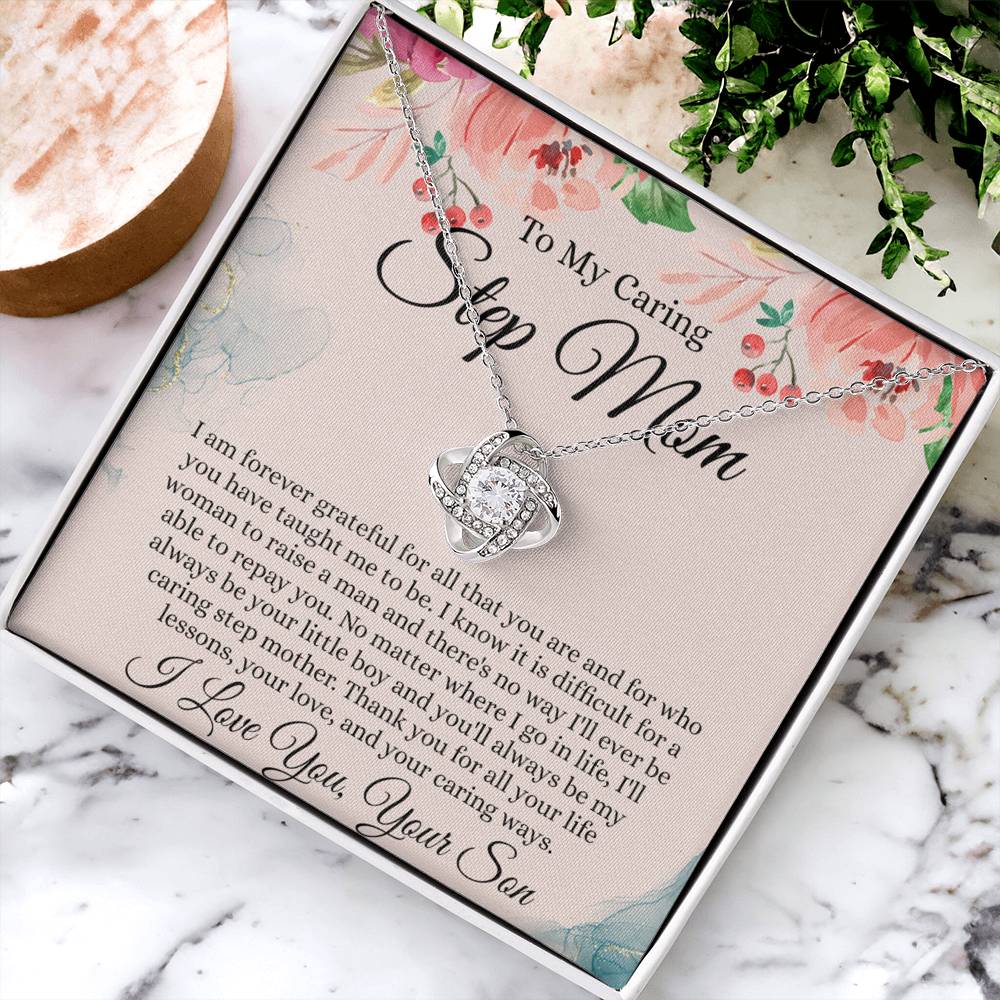 Step Mom Gift Necklace, To My Caring Step Mom Love Knot Necklace From Son, Grateful For All Necklace Gift For Step Mom, Jewelry Gift For Women, Step Mom Pendant, Birthday Gift Necklace For Step Mom Love Knot Necklace 6323