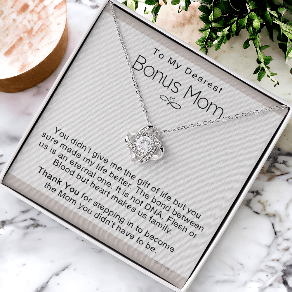 To My Dearest Bonus Mom Necklace From Bonus Daughter, Makes us Family Gift Necklace For Bonus Mom On Mother's Day, Birthday Gift Anniversary, Love Knot Pendant Gift For Bonus Mom, Dearest Mom