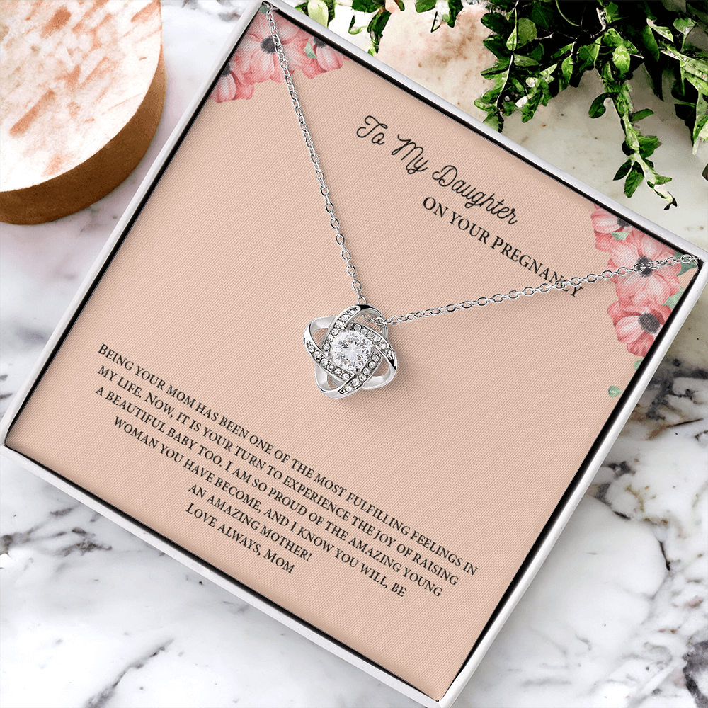 To My Daughter On Your Pregnancy Love Knot Necklace From Mom, Pregnancy Daughter Gift Necklace, Mother To Daughter Pendant Gift From Mom, Little Girl Necklace Love Knot Jewelry Gift For Girls