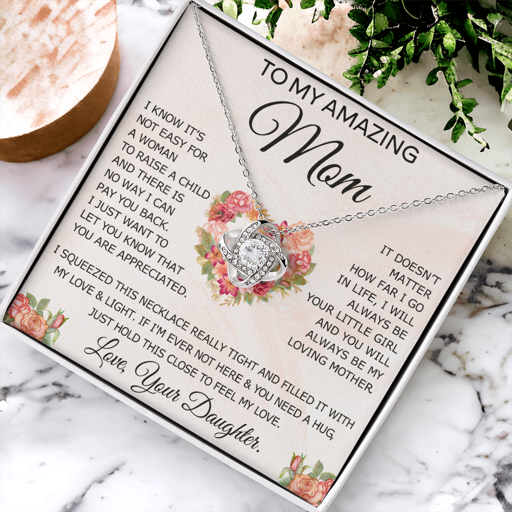 To My Amazing Mom Necklace From Daughter, Love Knot Necklace Gift For Mom, Mother Daughter Gift Necklace On Birthday Christmas Mothers Day, Jewelry Gift For Women With Message Card And Box For Her