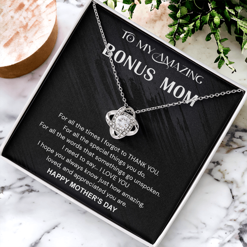 To My Amazing Bonus Mom Necklace From Bonus Daughter, Happy Mother's Day Necklace Gift For Her, Bonus Mom Gift Necklace, Jewelry For Women, Bonus Mother,  Love Knot Pendant For Mom On Mothers Day