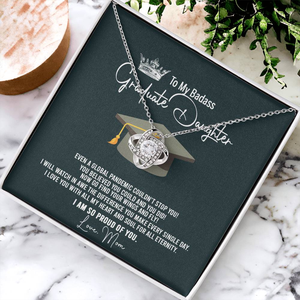 To My Badass Graduation Daughter Necklace From Mom, Graduation Gift Necklace For Her, Congratulations Necklace Congrats Graduation Love Knot Pendants Gift For Daughter, Mother And Daughter Jewelry Love Knot Necklace 6323