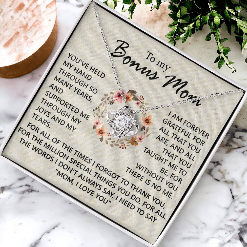 1To My Bonus Mom Necklace, To My Bonus Mom Love Knot Necklace From Daughter, Son, Bonus Mom Gift Necklace, Daughter And Mother Love Knot Pendant Gift For Mom, Mom, I Love You Jewelry Gift For Women Love Knot Necklace 6323