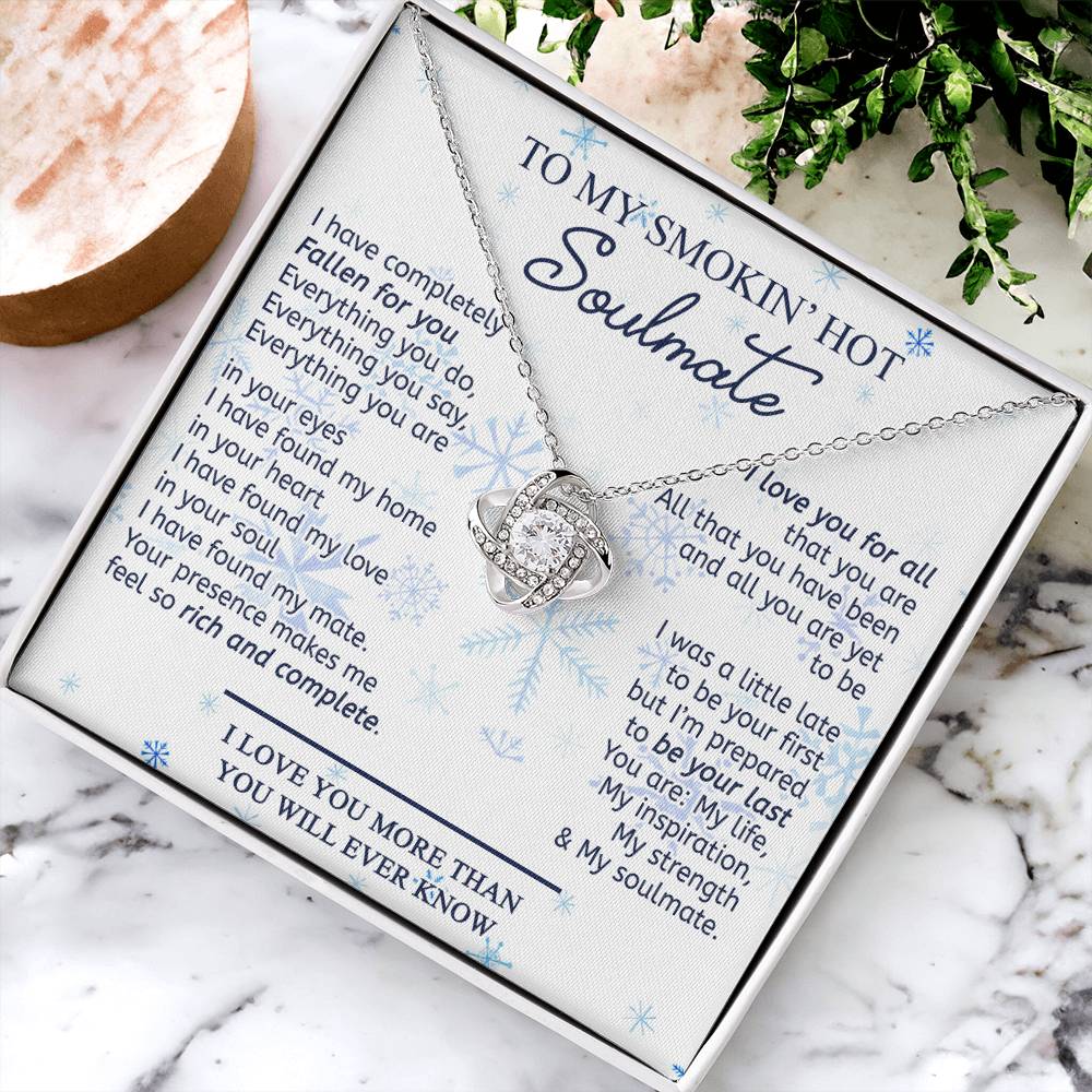 14k White Gold To My Soulmate Necklace Gift From Husband, Boyfriend For Her, Soulmate Gift Necklace for Wife, Smokin's Hot Soulmate Pendant Beautiful To My Wife Love Knot Pendant Necklace Gift