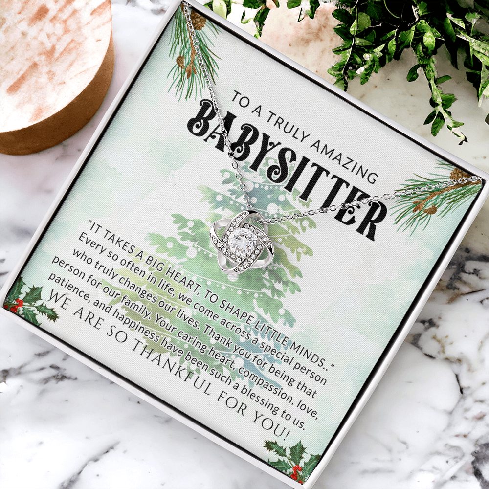 Babysitter Gift Necklace, To A Truly Amazing Babysitter Love Knot Necklace From Family, Thankful For You Gift Necklace, Christmas Babysitter Gift, Appreciation Gift for Babysitter Love Knot Pendant