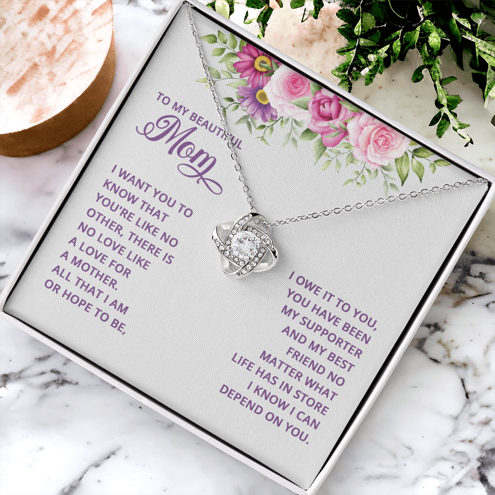 Happy Mother's Day Necklace, To My Beautiful Mom Necklace From Daughter, Mother And Daughter Gift Necklace On Mothers Day, Anniversary, Birthday Jewelry For Women Love Knot Pendant Gift For Mom