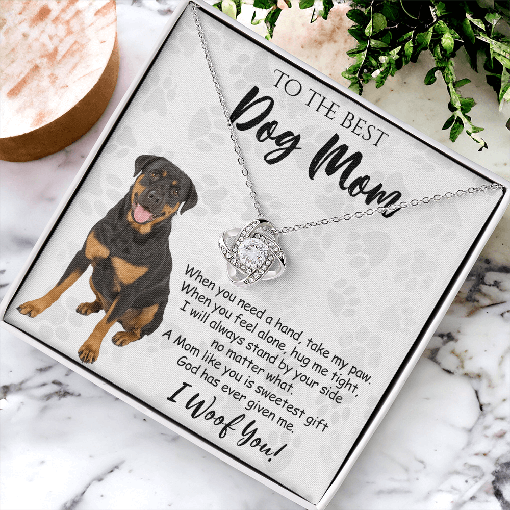 To The Best Dog Mom Love Knot Necklace From Daughter Mother's Day Necklace Gift, Rottweiler Dog Love Knot Pendant, Jewelry Gift For Women, Dog Lovers Rottweiler Dog Gift Necklace I Woof You Pendant