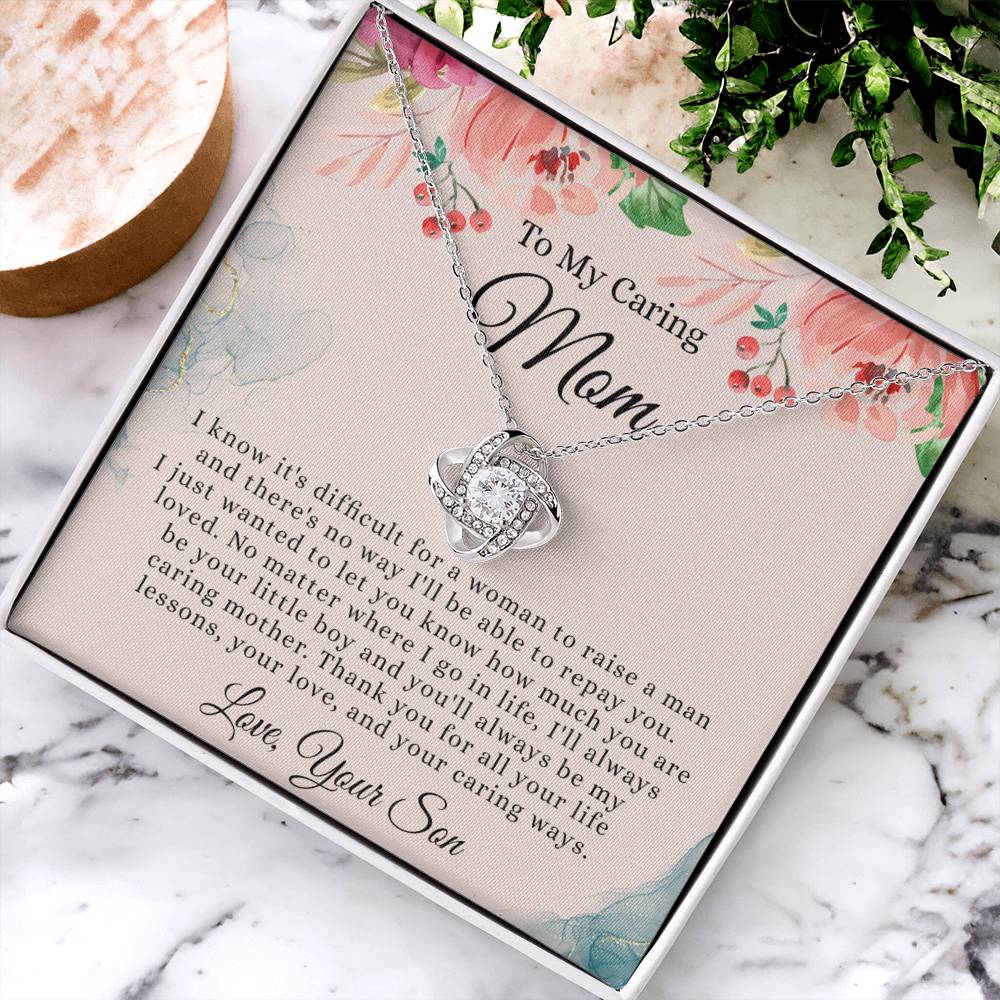 To My Caring Mom Necklace, Mom Love Knot Necklace From Son And Mother Necklace Birthday Gift Necklace For Mom Caring Mom Gift Necklace Anniversary Necklace Gift For Mom, Jewelry Gift For Women