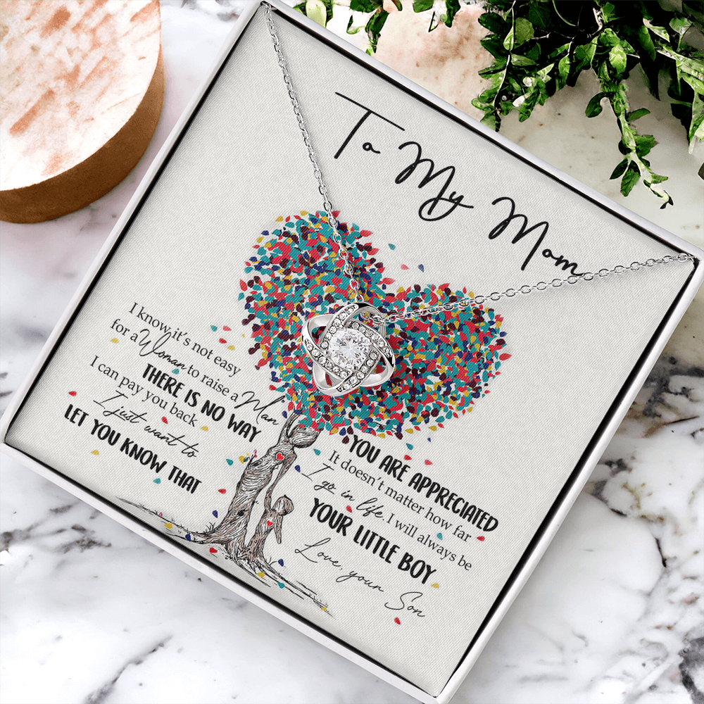 To My Mom Love Knot Necklace From Son, I Know It's Not Eeasy For A Women Necklace, Not Easy Gift Necklace For Mom, Mother And Son Gift Love Knot Pendant, Jewelry Gift For Women, Bonus Mom From Son
