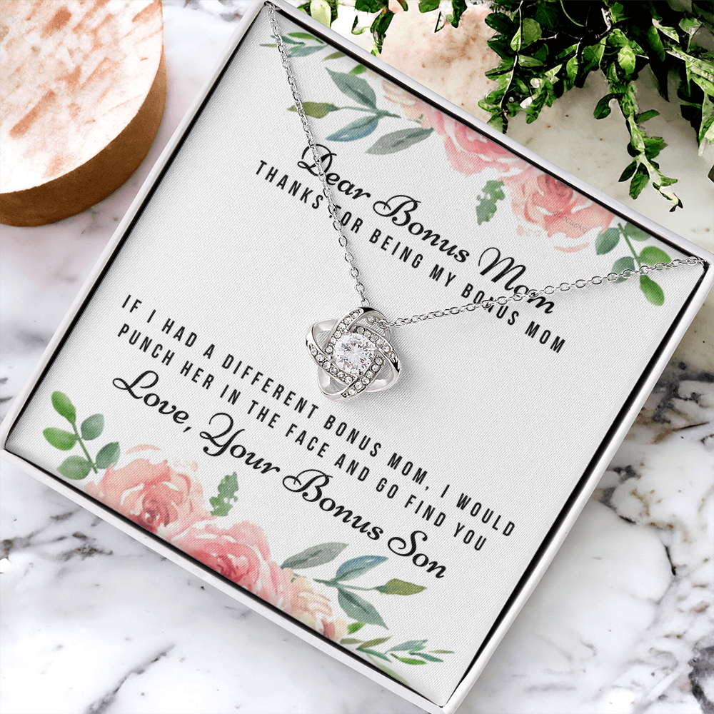 Thank For Being My Bonus Mom Necklace, To My Bonus Mom Necklace From Bonus Son, Gift Necklace For Bonus Son On Mother's Day, Anniversary, Birthday Gift, Bonus Mom And Bonus Son Love Knot Pendant