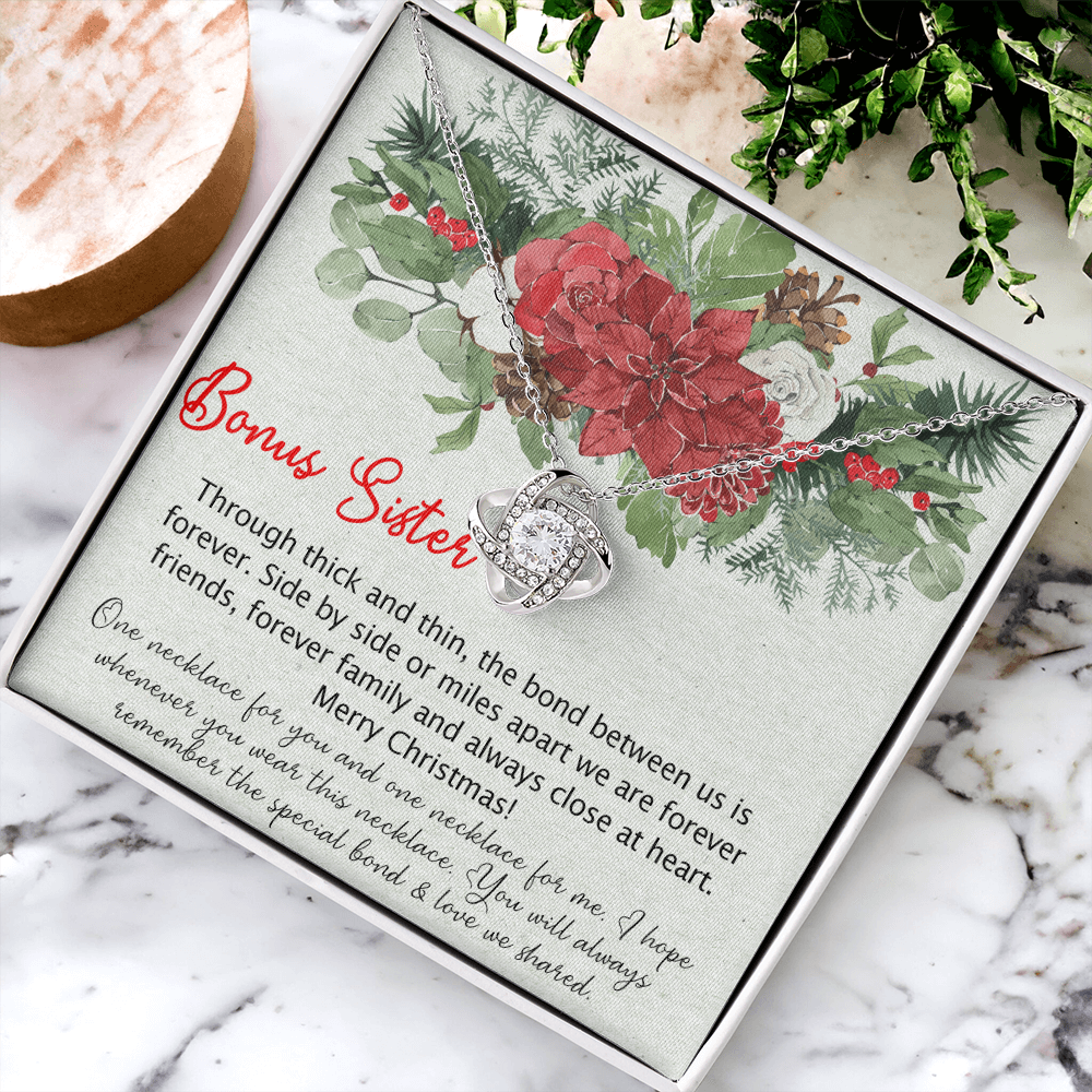 To my Bonus Sister Love Knot Necklace Pendant for Sister in law, Gift Necklace for Sister-in-Law Christmas Sister of the Groom Xmas Necklace for Future Sister in Law Gift Jewelry Gift for Girls Her