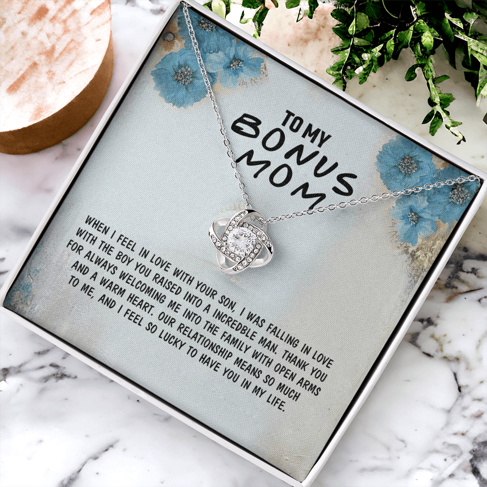 To My Bonus Mom Necklace From Bonus Son, Bonus Mom Gift Necklace, Mother And Son Necklace Gift For Her, Bonus Mother Necklace On Mothers Day, Birthday Gift Anniversary, Bonus Mom Love Knot Necklace