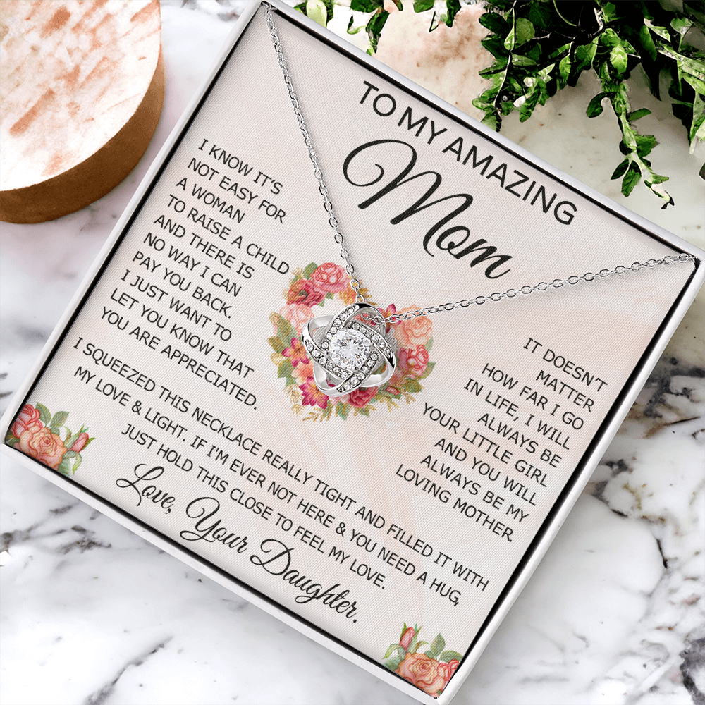 To My Amazing Mom Necklace From Daughter, Love Knot Necklace Gift For Mom, Mother Daughter Gift Necklace On Birthday Christmas Mothers Day, Jewelry Gift For Women With Message Card And Box For Her