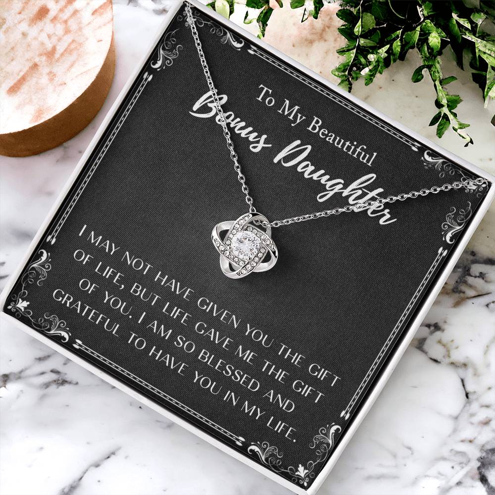 Personalized Gift Necklace To My Bonus Daughter Love Knot Necklace From Mom And Dad, Step Daughter Gift Pendant, Adopted Daughter, Daughter In Law, Daughter Jewelry Gift For Girls, Little Girls