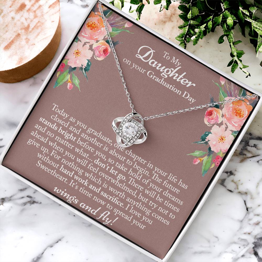Graduation Day Gift Necklace, To My Daughter Love Knot Necklace From Mom Or Dad, Mother And Daughter Jewelry Gift For Girls, Little Girl Love Knot Pendant, Daughter On Your Graduation Day Necklace