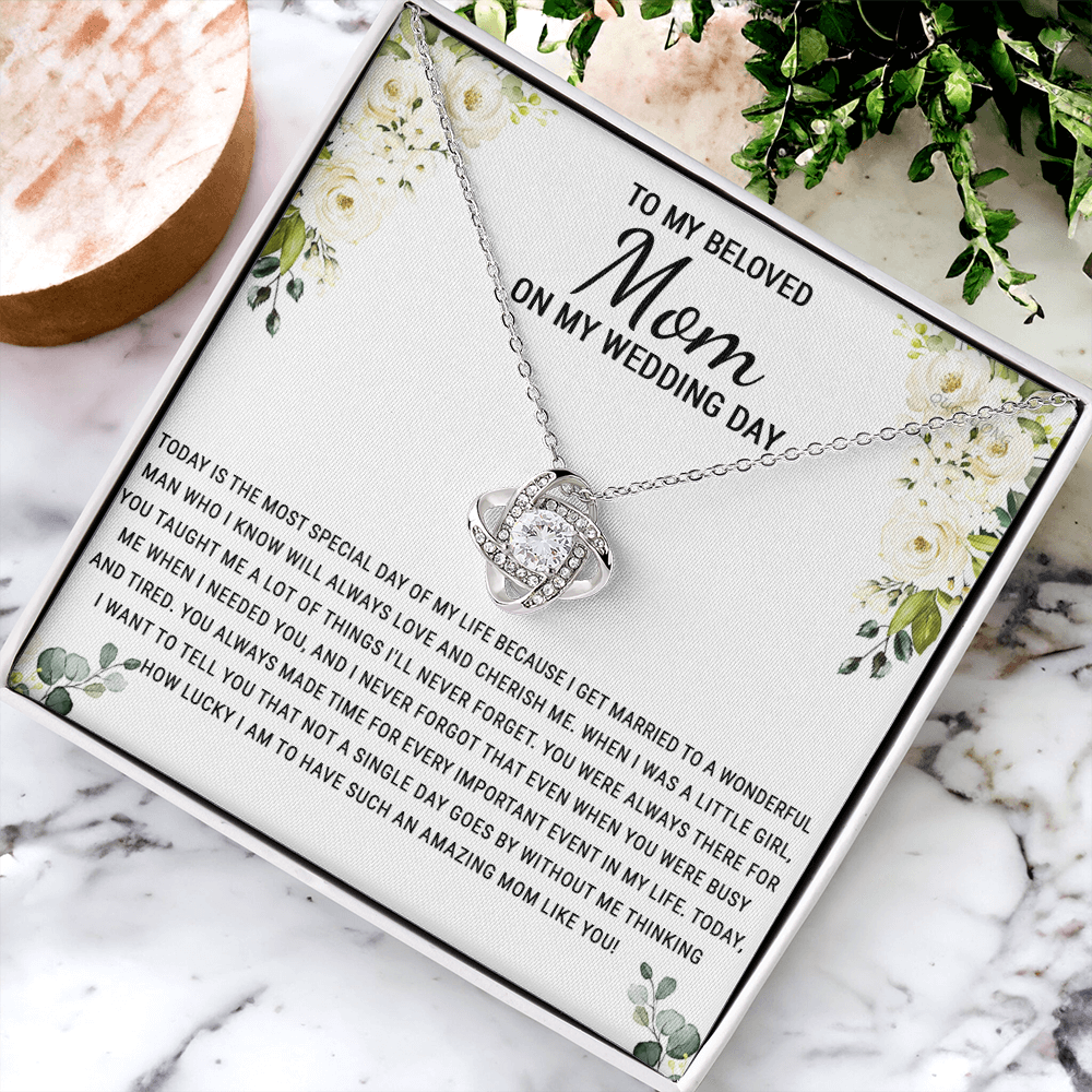 Beloved Mom Gift Necklace To My Beloved Mom Love Knot Necklace Gift From Daughter, Wedding Day Necklace Gift For Mom, Beloved Mom On My Wedding Day Necklace Gift For New Mom, Bonus Mom Gift Necklace