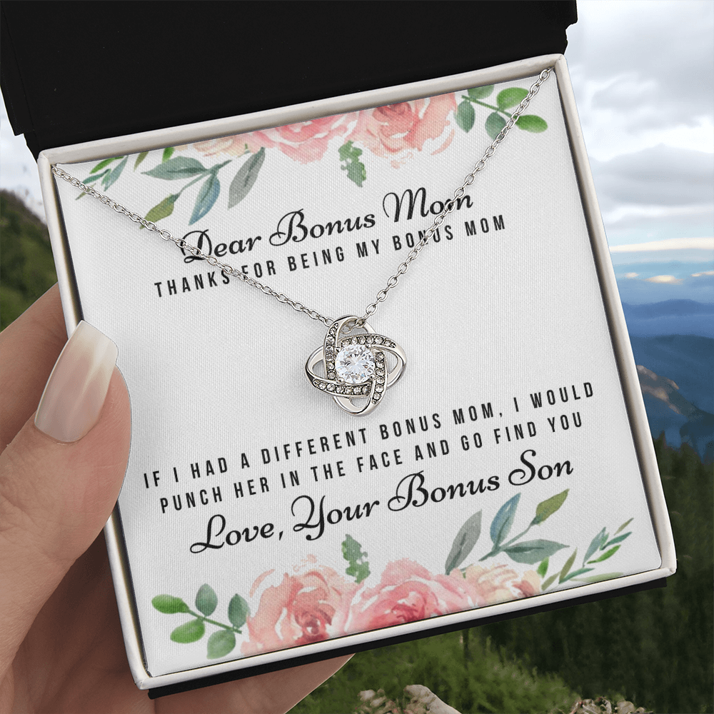 Thank For Being My Bonus Mom Necklace, To My Bonus Mom Necklace From Bonus Son, Gift Necklace For Bonus Son On Mother's Day, Anniversary, Birthday Gift, Bonus Mom And Bonus Son Love Knot Pendant