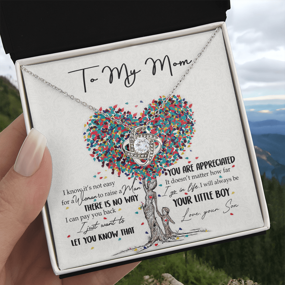 To My Mom Love Knot Necklace From Son, I Know It's Not Eeasy For A Women Necklace, Not Easy Gift Necklace For Mom, Mother And Son Gift Love Knot Pendant, Jewelry Gift For Women, Bonus Mom From Son