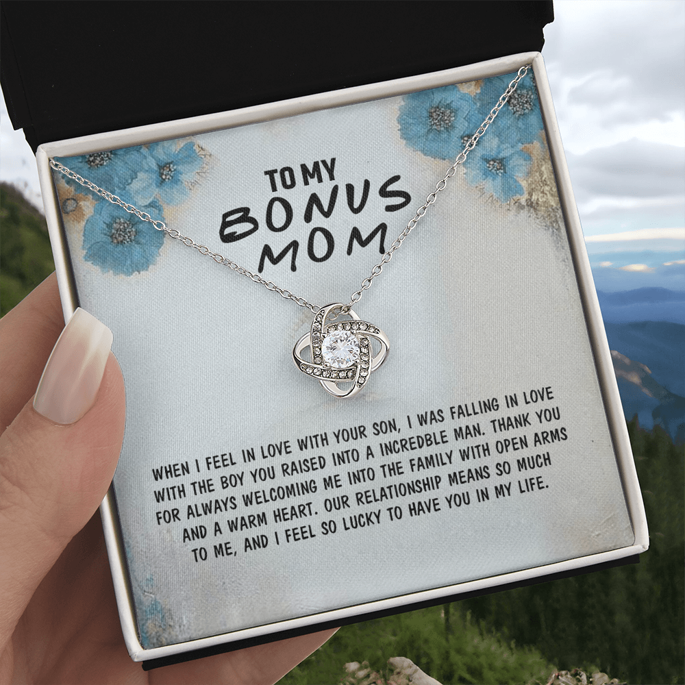 To My Bonus Mom Necklace From Bonus Son, Bonus Mom Gift Necklace, Mother And Son Necklace Gift For Her, Bonus Mother Necklace On Mothers Day, Birthday Gift Anniversary, Bonus Mom Love Knot Necklace