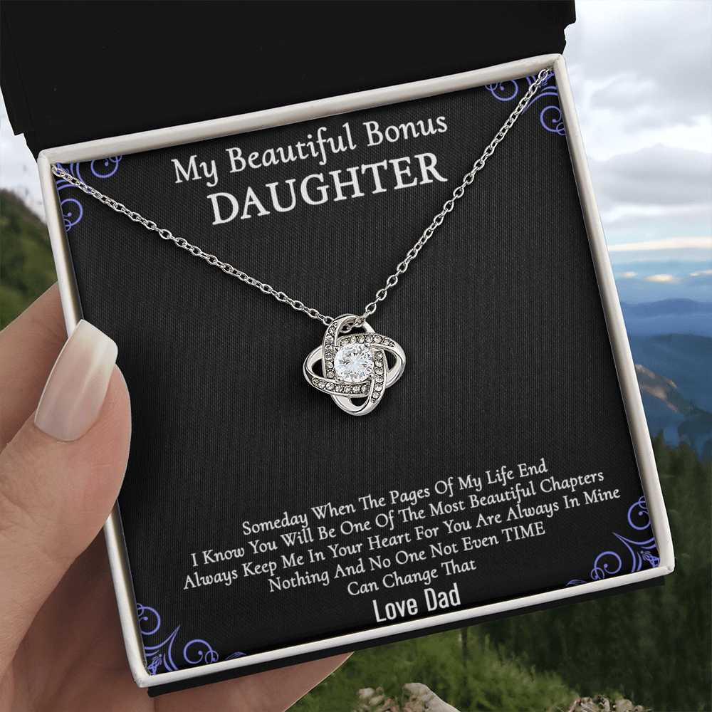 To My Beautiful Bonus Daughter Gift Necklace From Parent to Daughter Gift Necklace Pendant, Bonus Daughter Love Knot With Message Card & Gift Box On Birthday Christmas Anniversary Graduation Gift