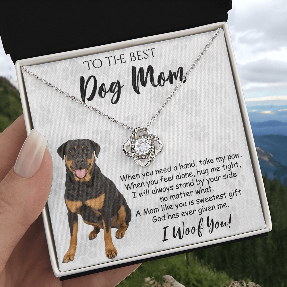 To The Best Dog Mom Love Knot Necklace From Daughter Mother's Day Necklace Gift, Rottweiler Dog Love Knot Pendant, Jewelry Gift For Women, Dog Lovers Rottweiler Dog Gift Necklace I Woof You Pendant