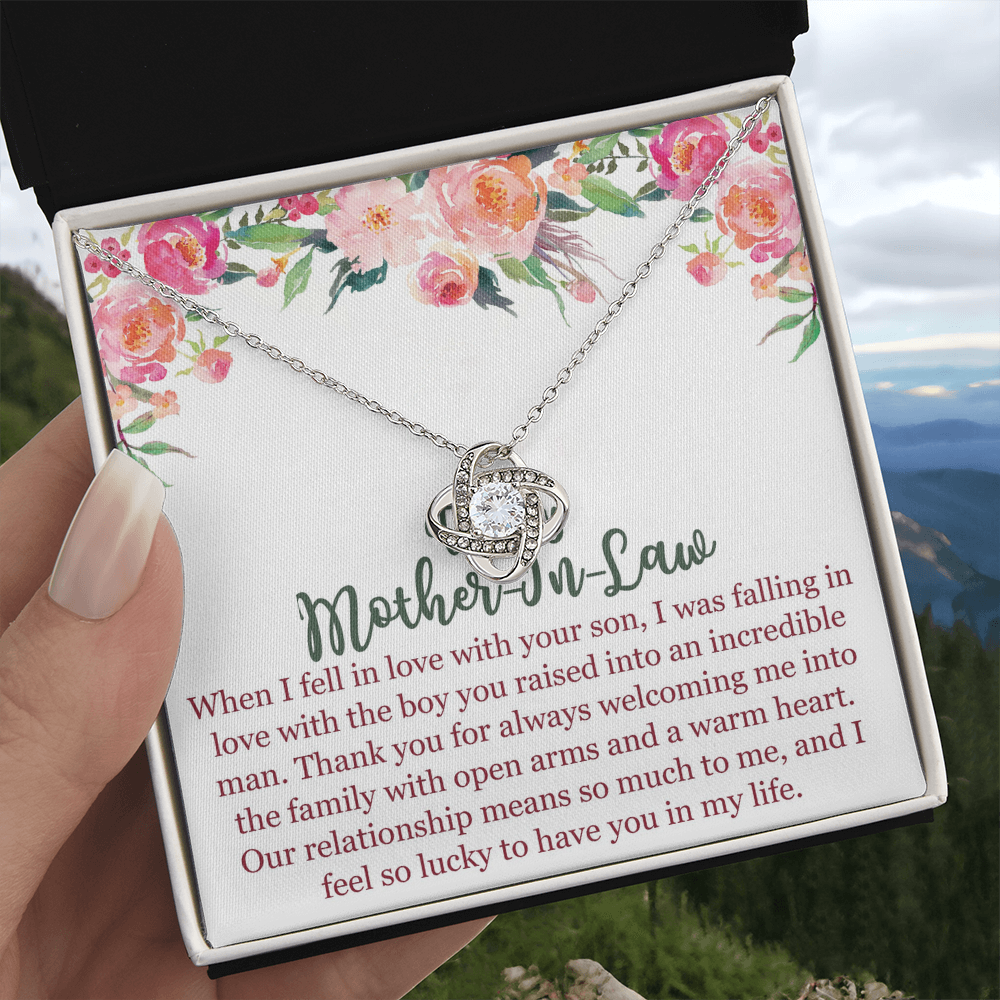 To My Mom In Law Necklace Pendant Gift From Son, Happy Mother's Day Love Knot Pendant For Mom On Birthday, Anniversary Necklace Gift Love With Your Son, Mother In Law Gift Necklace To Son In Law