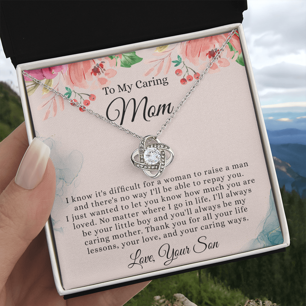To My Caring Mom Necklace From Son, Love Knot Necklace Gift For Mom On Birthday Gift Anniversary Mother's Day Necklace For Mom, Caring Mom, New Mom Gift Necklace Gift For Her, Jewelry Gift For Women