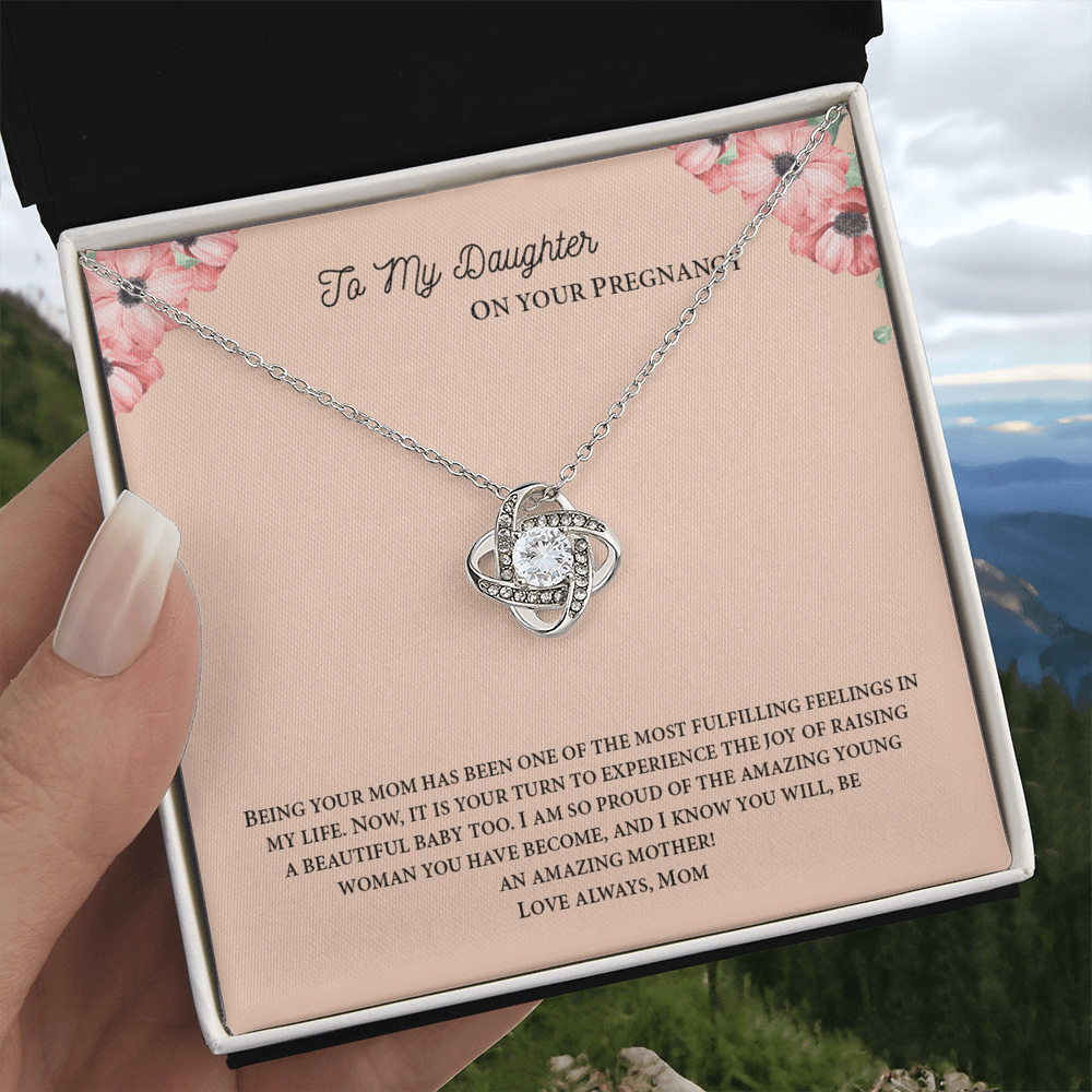 To My Daughter On Your Pregnancy Love Knot Necklace From Mom, Pregnancy Daughter Gift Necklace, Mother To Daughter Pendant Gift From Mom, Little Girl Necklace Love Knot Jewelry Gift For Girls