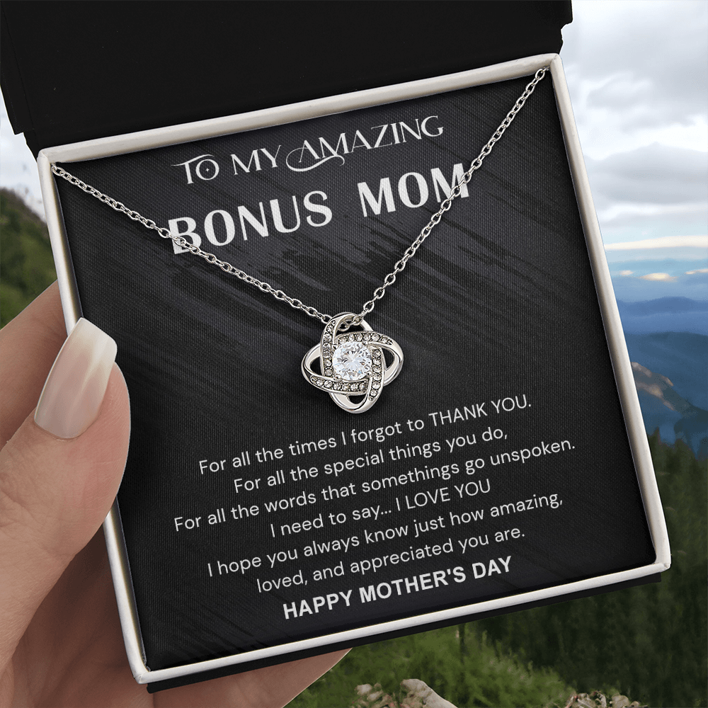 To My Amazing Bonus Mom Necklace From Bonus Daughter, Happy Mother's Day Necklace Gift For Her, Bonus Mom Gift Necklace, Jewelry For Women, Bonus Mother,  Love Knot Pendant For Mom On Mothers Day