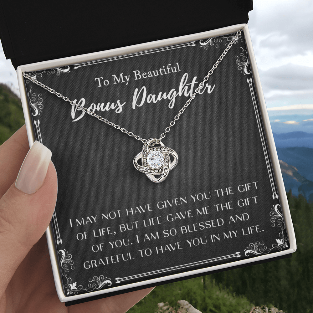 Personalized Gift Necklace To My Bonus Daughter Love Knot Necklace From Mom And Dad, Step Daughter Gift Pendant, Adopted Daughter, Daughter In Law, Daughter Jewelry Gift For Girls, Little Girls