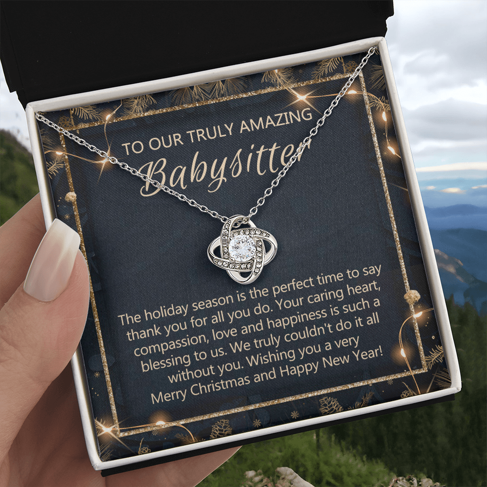 To Our Truly Amazing Babysitter Necklace Gift On Christmas, Babysitter Gift Necklace, Christmas Babysitter Love Knot Necklace Gift from Family, Merry Christmas Day Babysitter Necklace Gift for Women