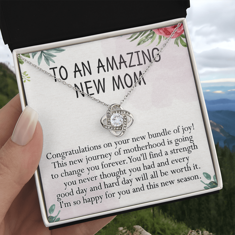 To An Amazing New Mom Necklace, Amazong New Mom Love Knot Necklace Gift for New Mommy, New Mom Gift Necklace 1st New Mother Pregnancy Gift Necklace for Mother's Day Necklace Jewelry Gift for Women