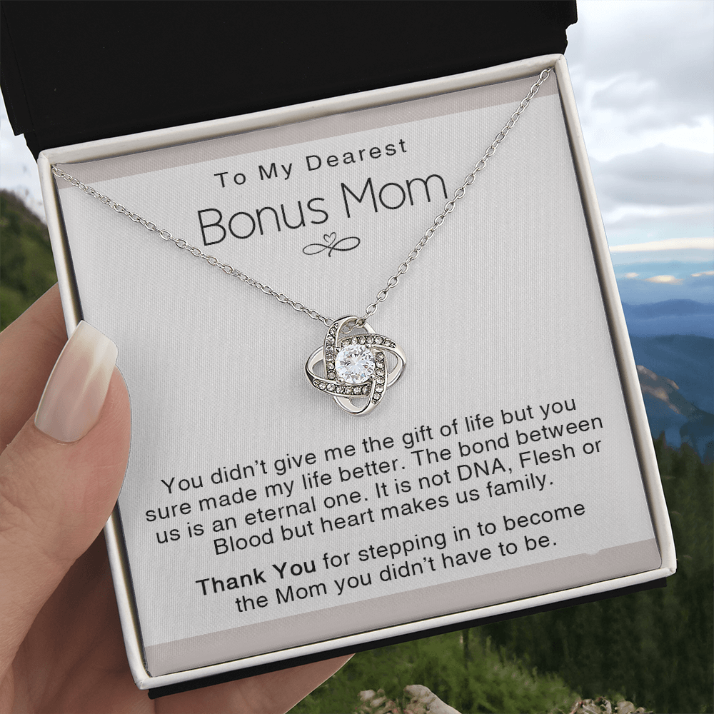 To My Dearest Bonus Mom Necklace From Bonus Daughter, Makes us Family Gift Necklace For Bonus Mom On Mother's Day, Birthday Gift Anniversary, Love Knot Pendant Gift For Bonus Mom, Dearest Mom