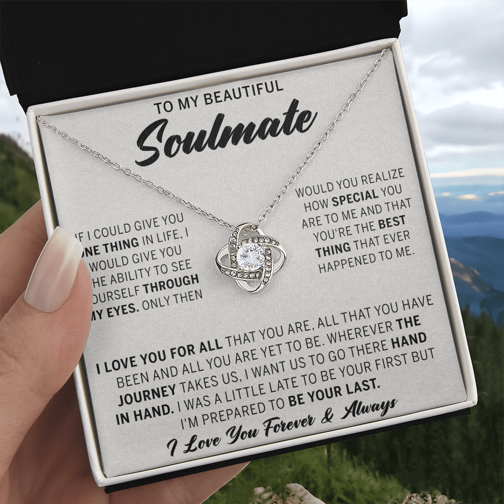 To My Beautiful Soulmate Necklace Gift From Husband, Boyfriend Jewelry Gift for Girls, Soulmate Gift Necklace for Women Love Lnot Pendant Gift for Her Romantic Girlfriend Gift Necklace Message