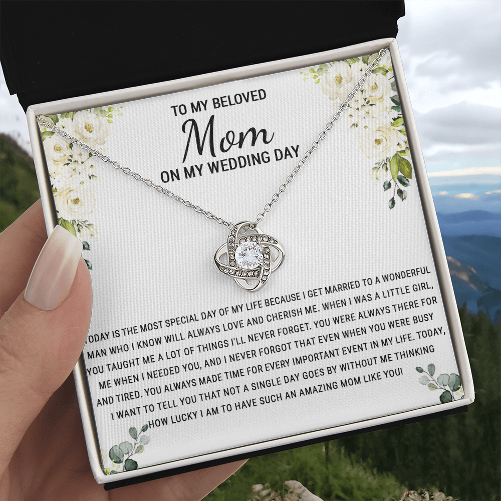 Beloved Mom Gift Necklace To My Beloved Mom Love Knot Necklace Gift From Daughter, Wedding Day Necklace Gift For Mom, Beloved Mom On My Wedding Day Necklace Gift For New Mom, Bonus Mom Gift Necklace