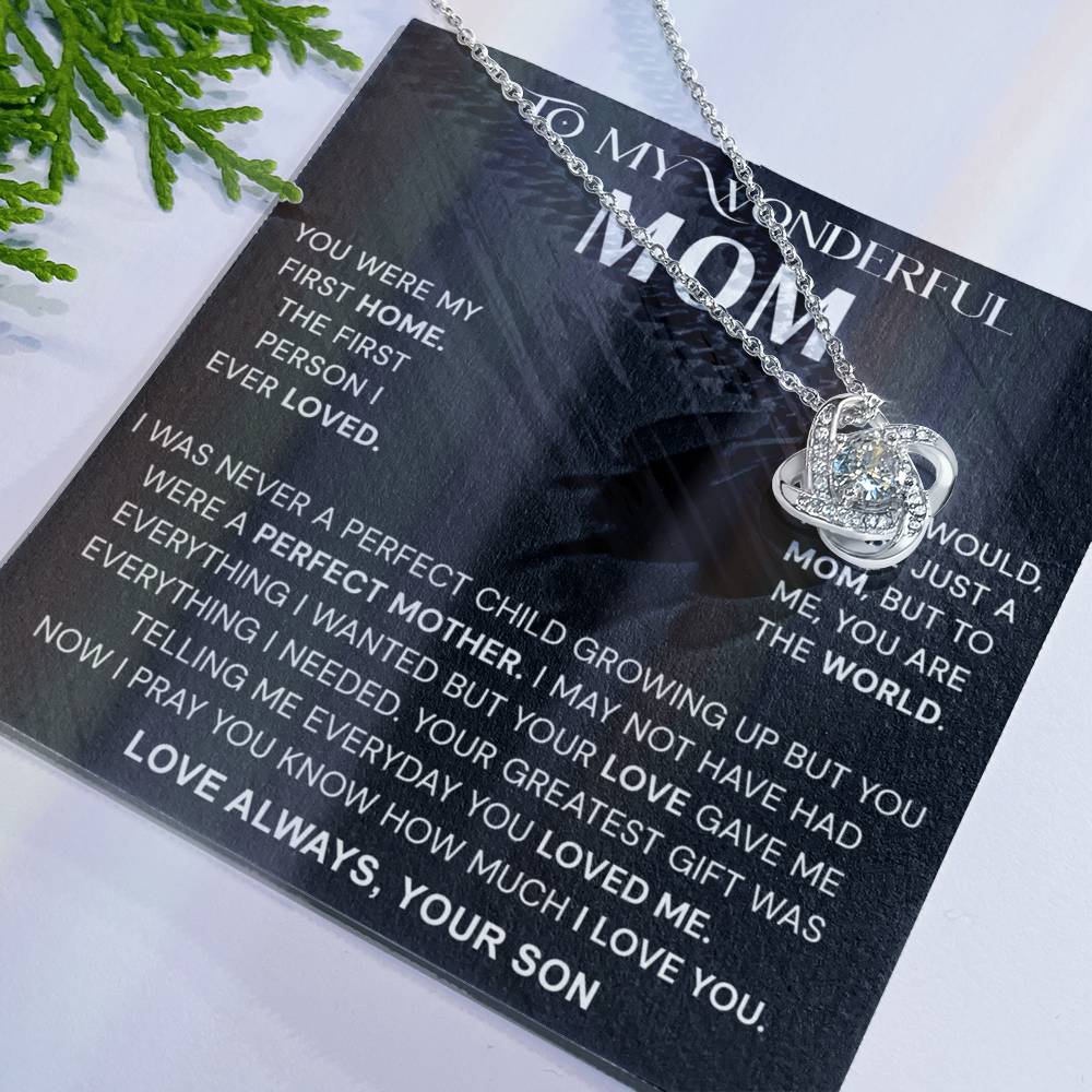Wonderful Mom Gift Necklace, To My Wonderful Mom Love Knot Necklace From Son Never A Perfect Child Necklace Gift For Mom Son And Mother Love Knot Pendant Birthday Gift For Mom Jewelry Gift For Women Love Knot Necklace 6323
